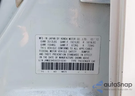 2012 Honda Fit Sport from USA, damaged, VIN JHMGE8H50CC018241